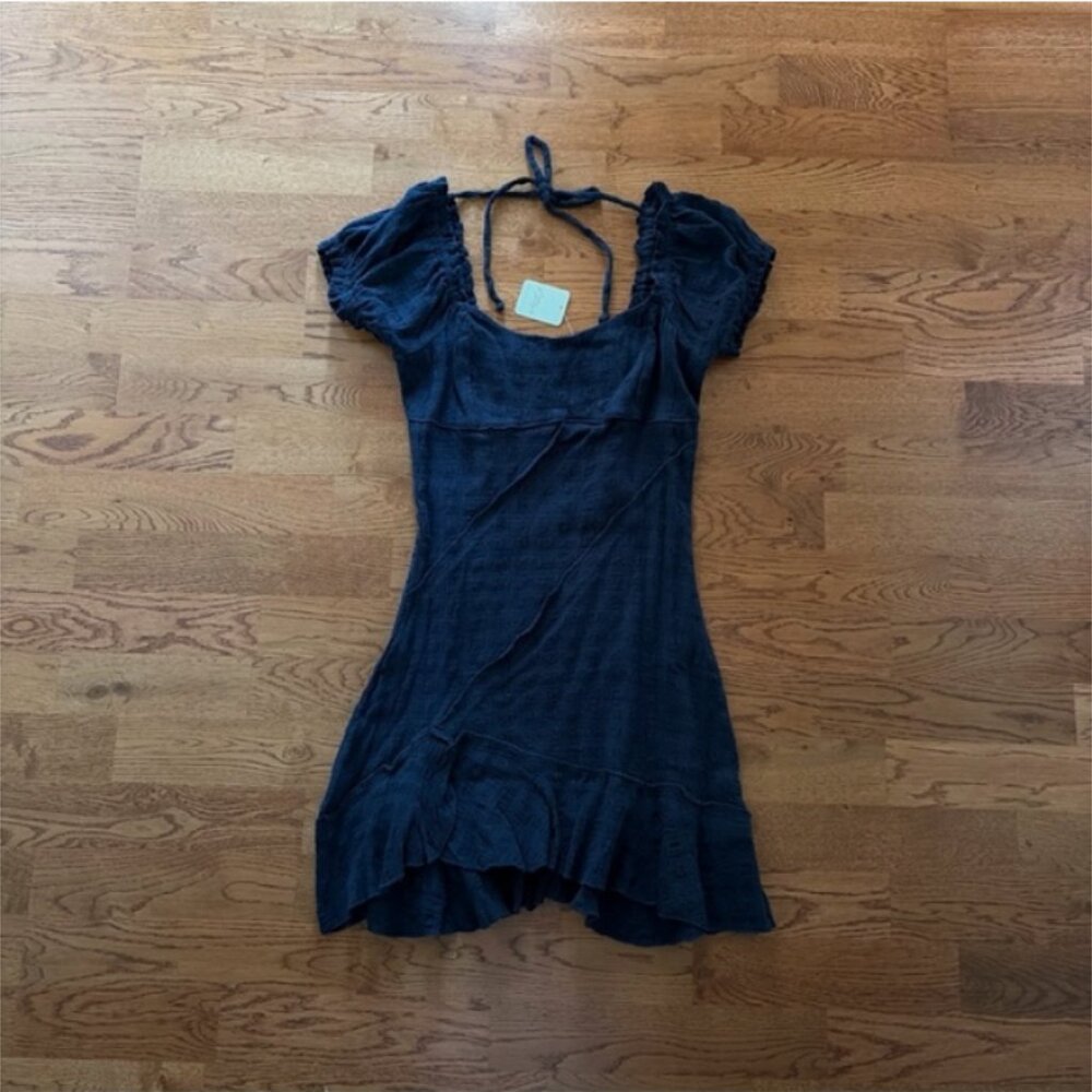 NWT Free People Elle Mini Dress Endless Summer Square Neck Puff Sleeve Black S